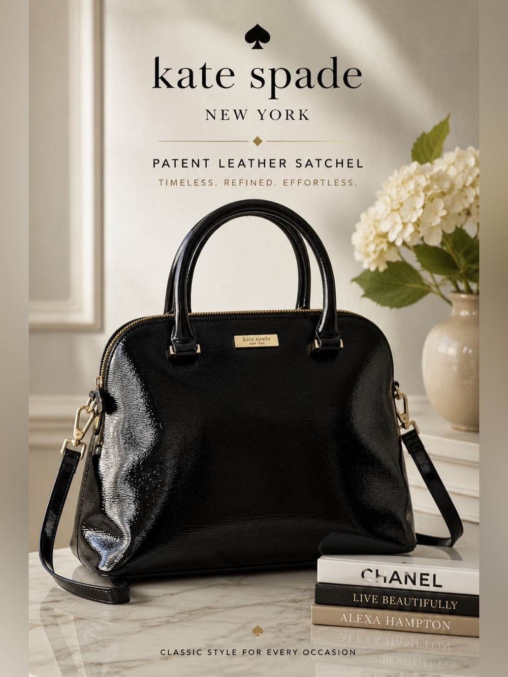 Kate Spade New York Black Patent Leather Satchel Crossbody Bag Zip Top Gold Logo